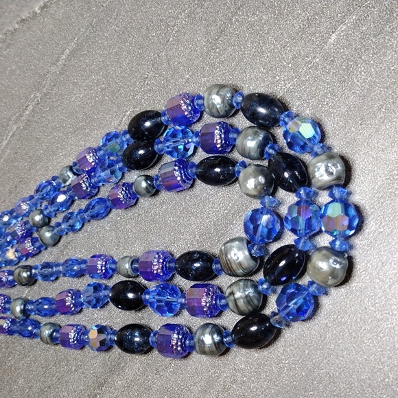 Glass Triple Strand Deep Blue Necklace 12-13" with 3" Extender Hook Clasp - Picture 5 of 7